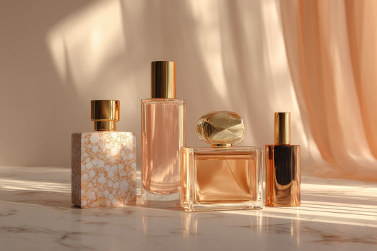 Elegant perfume bottles on marble